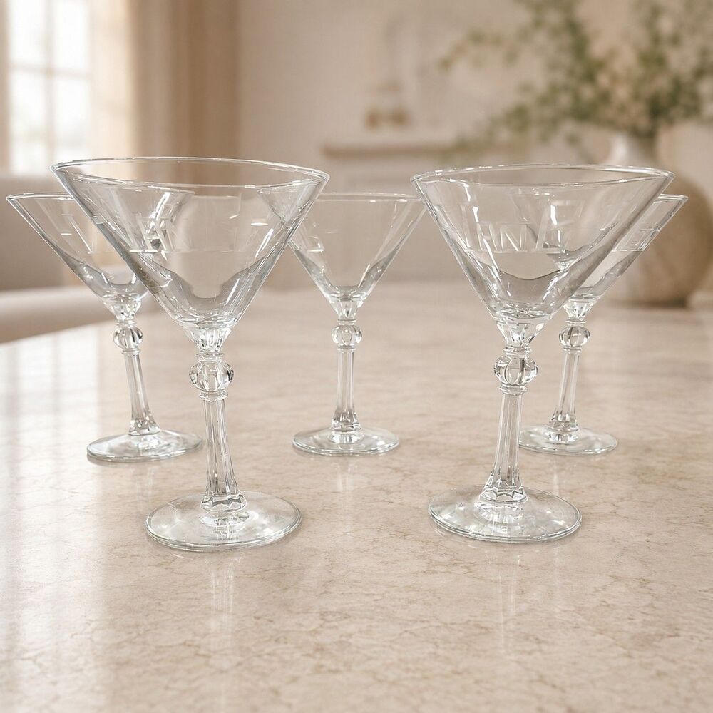 Set of 5 VANB Etched Martini Cocktail Glasses Clear Ribbed Stemware